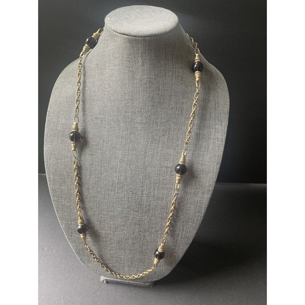 Womens Gold Tone Smoky Glass Bead Rondelle 36”Boho Office Cocktail Necklace
